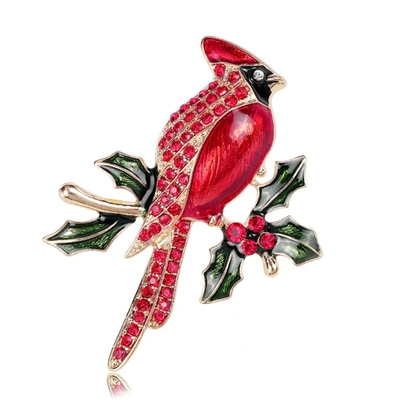 @reneelily Jewelry - NEW Gold Cardinal & Holly Holiday Brooch Rhinestones